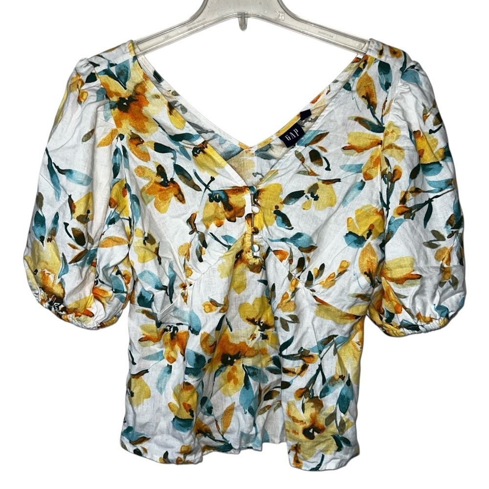 GAP Puff Sleeve Linen Blend Yellow Floral Peplum Top Size Small